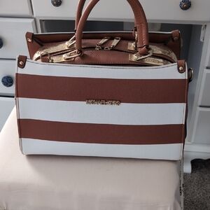 Michael Kors White and Brown Striped Satchel (Not Real)